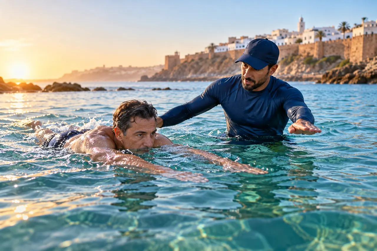Adult swimming lesson in the sea